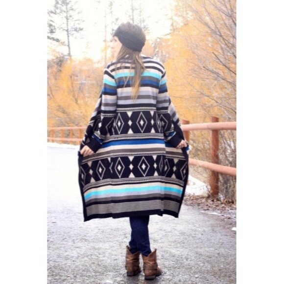 Love Stitch Long Geometric Striped Open Front Waterfall Cardigan Duster - Picture 1 of 16